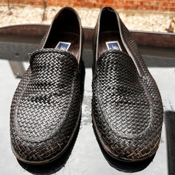 Braganos Men 9 Old Money Loafers Black English Calf Leather Slip On Finely Woven - Picture 12 of 15